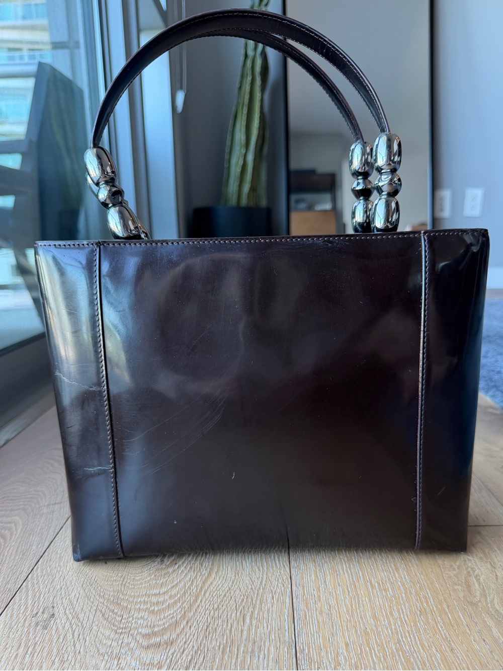 Vintage Christian Dior Malice Pearl Mahogany Patent Leather Handbag